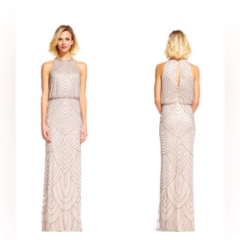 Adrianna Papell Beaded Halter Maxi Dress in Blush